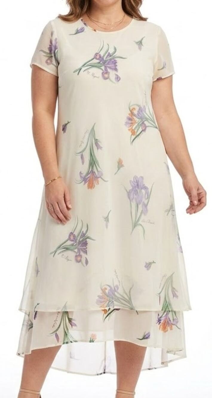Vintage Ivory Iris Chiffon Sheer Overlay High-Low Floral Midi Dress Size 14 Mica